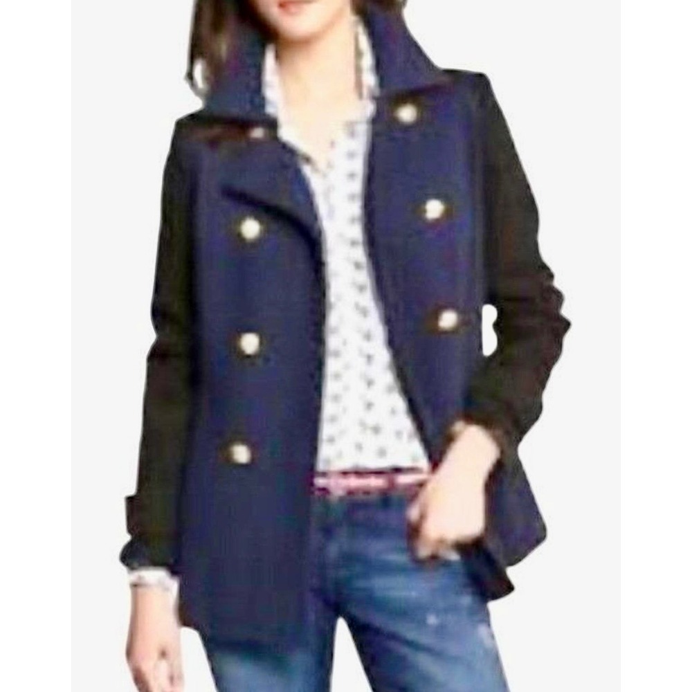 Banana Republic Womens Navy Blue Black Color Double Breasted Pea Coat Gold small